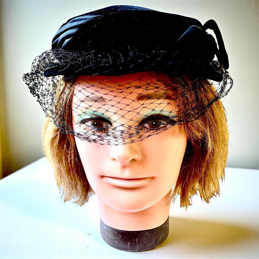 Vintage Black Velvet Satin Pillbox Hat Veil 1950s 60s Cocktail Formal